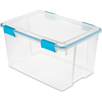 Sterilite 54 Qt Gasket Box, Stackable Storage Bin with Latching Lid and Tight Seal, Plastic Container to Organize Basement, Clear Base and Lid, 4-Pack