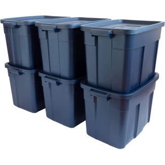 Rubbermaid Roughneck Tote 18 Gal - 6 Pack Made in the USA Dark Indigo Metallic, Rugged Plastic Stackable Storage Tote with Lid and Handles