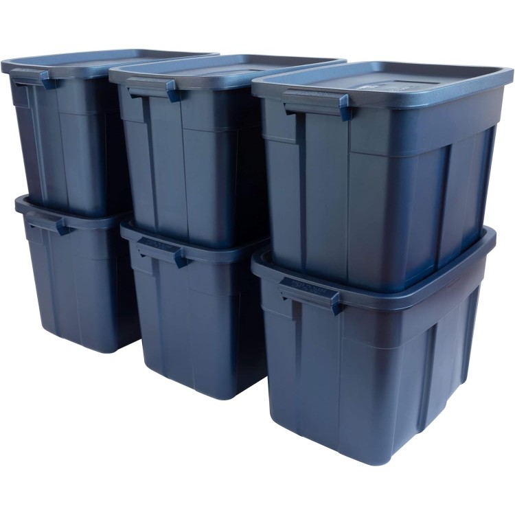 Rubbermaid Roughneck Tote 18 Gal - 6 Pack Made in the USA Dark Indigo Metallic, Rugged Plastic Stackable Storage Tote with Lid and Handles