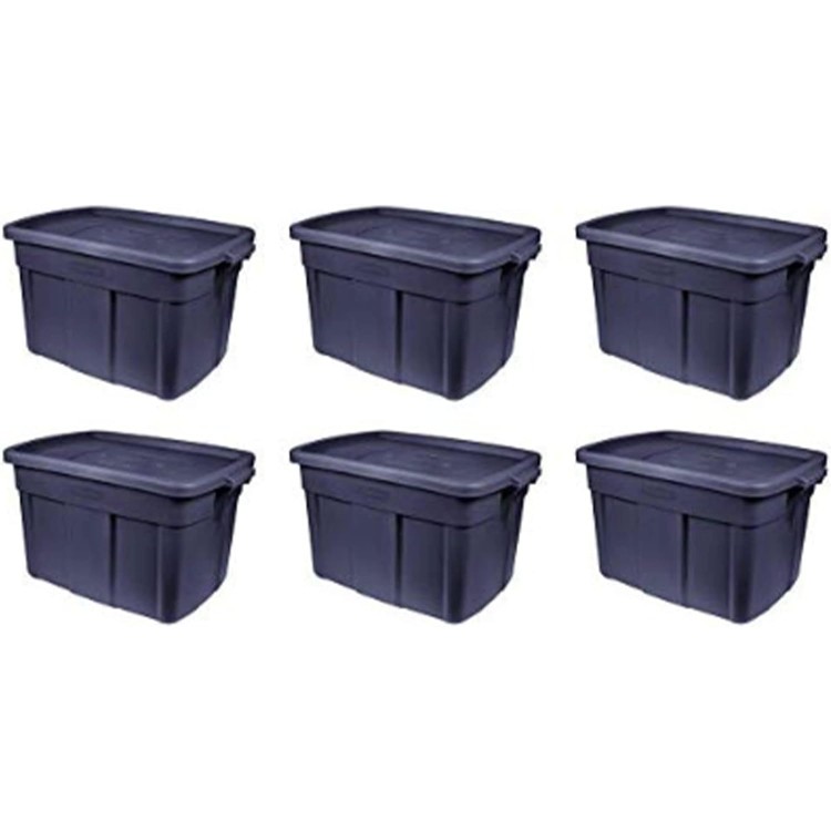 Rubbermaid Roughneck Tote 18 Gal - 6 Pack Made in the USA Dark Indigo Metallic, Rugged Plastic Stackable Storage Tote with Lid and Handles