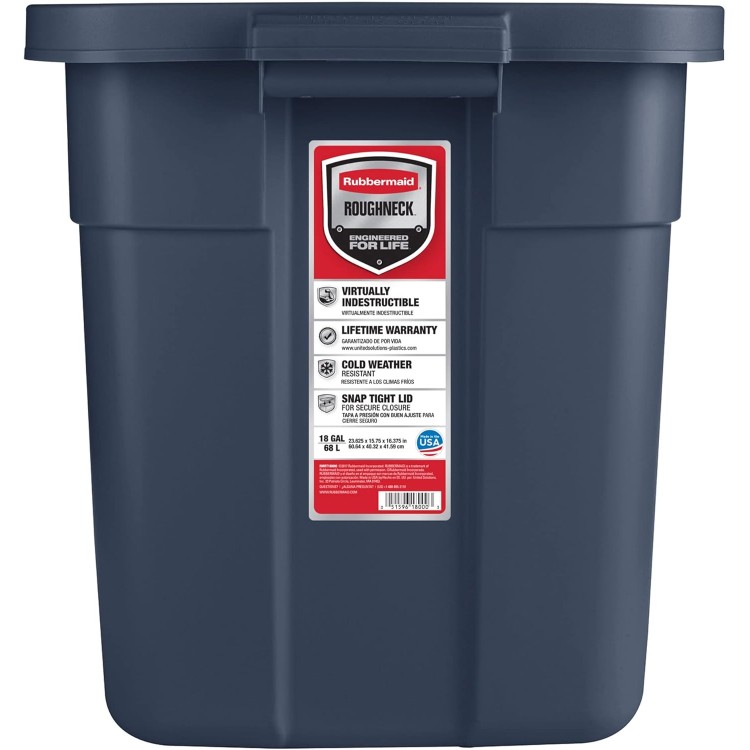 Rubbermaid Roughneck Tote 18 Gal - 6 Pack Made in the USA Dark Indigo Metallic, Rugged Plastic Stackable Storage Tote with Lid and Handles