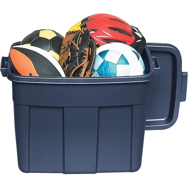 Rubbermaid Roughneck Tote 18 Gal - 6 Pack Made in the USA Dark Indigo Metallic, Rugged Plastic Stackable Storage Tote with Lid and Handles