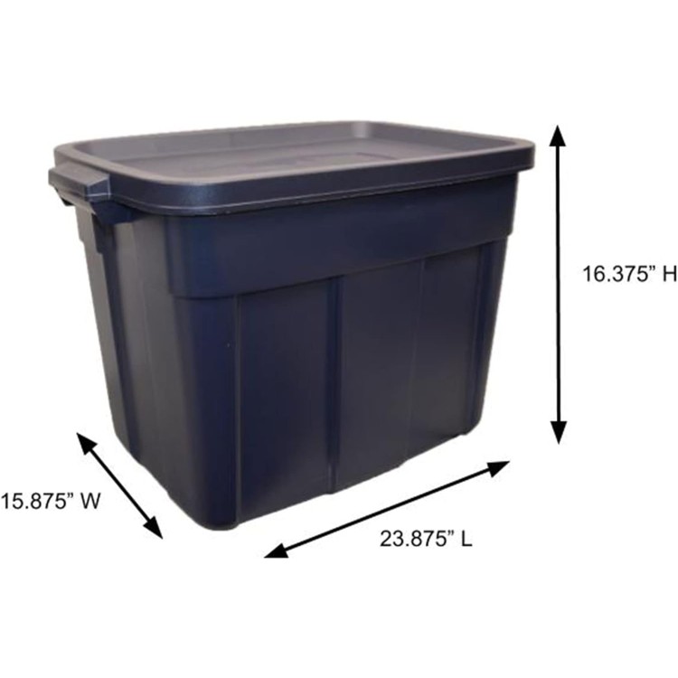 Rubbermaid Roughneck Tote 18 Gal - 6 Pack Made in the USA Dark Indigo Metallic, Rugged Plastic Stackable Storage Tote with Lid and Handles