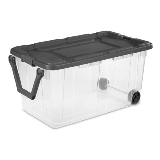 Sterilite 160 Quart Plastic Rolling Stacker Box, Lidded Stackable Storage Bin Container for Home, Garage, and Camping, 2-Pack, Clear Base & Gray Lid