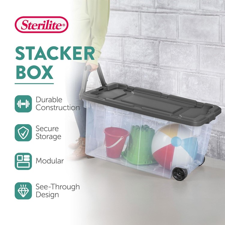 Sterilite 160 Quart Plastic Rolling Stacker Box, Lidded Stackable Storage Bin Container for Home, Garage, and Camping, 2-Pack, Clear Base & Gray Lid