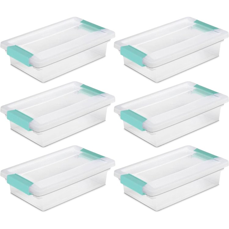 Sterilite Small Clip Box, Stackable Storage Bin with Latching Lid, Plastic Container to Organize Office, Crafts, Home, Clear Base and Lid, 6-Pack