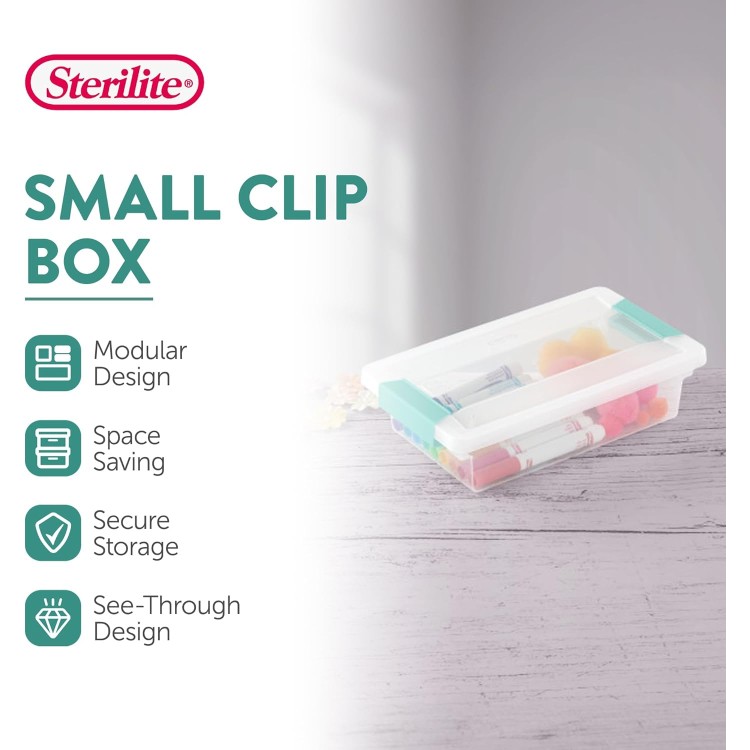 Sterilite Small Clip Box, Stackable Storage Bin with Latching Lid, Plastic Container to Organize Office, Crafts, Home, Clear Base and Lid, 6-Pack