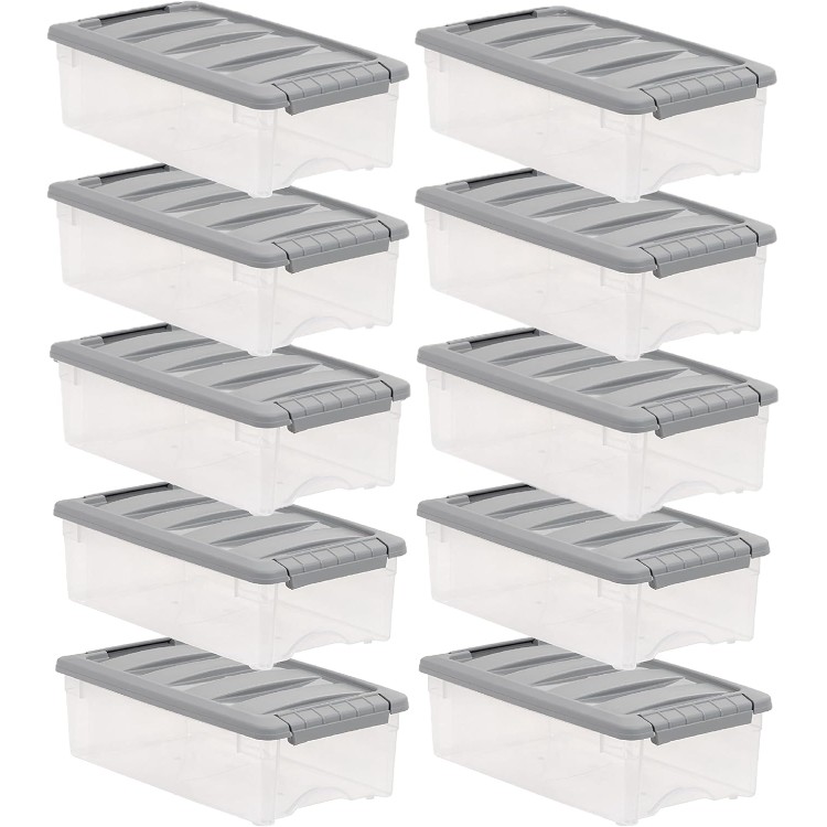 Amazon Basics 5 Quart Stackable Plastic Storage Bins with Latching Lids- Clear/Grey- Pack of 10