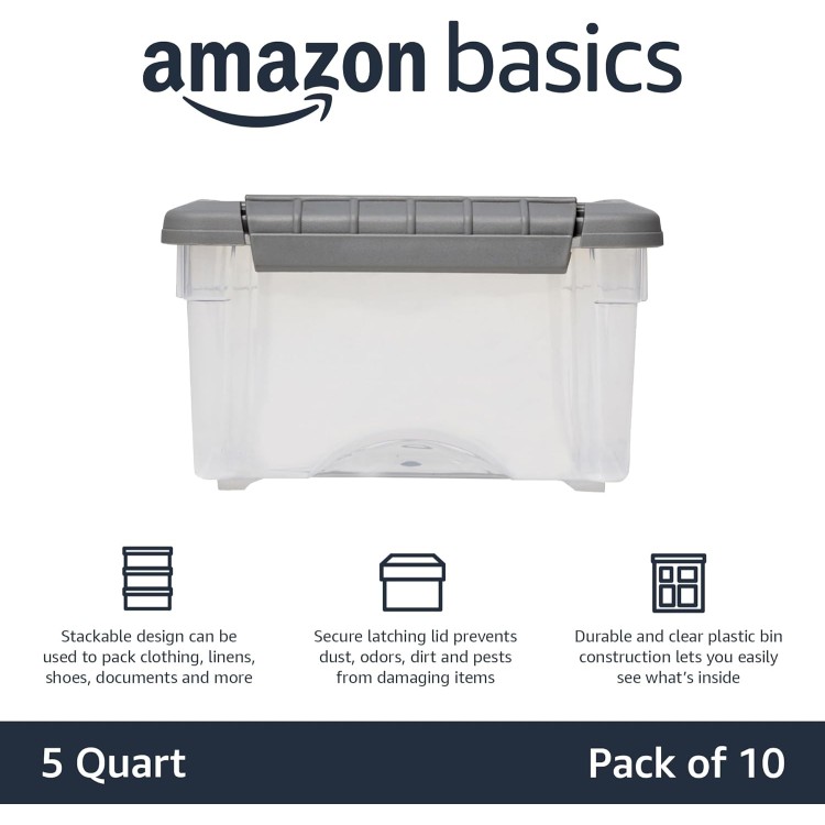 Amazon Basics 5 Quart Stackable Plastic Storage Bins with Latching Lids- Clear/Grey- Pack of 10