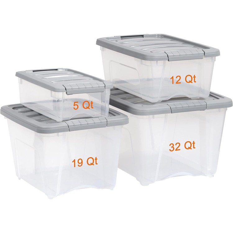 Amazon Basics 5 Quart Stackable Plastic Storage Bins with Latching Lids- Clear/Grey- Pack of 10