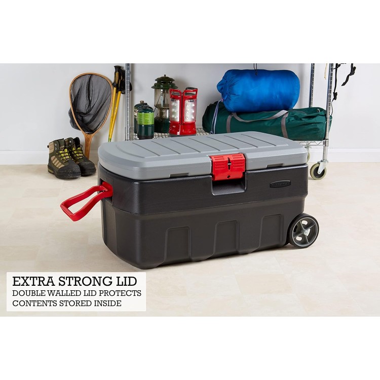 Rubbermaid ActionPacker 35 Gal Wheeled Lockable Storage Bin with Lid, Heavy-Duty Water Repellent Industrial Container with Built-In Durable Wheels, Great Tool Organizer, Truck Bed Storage, and More