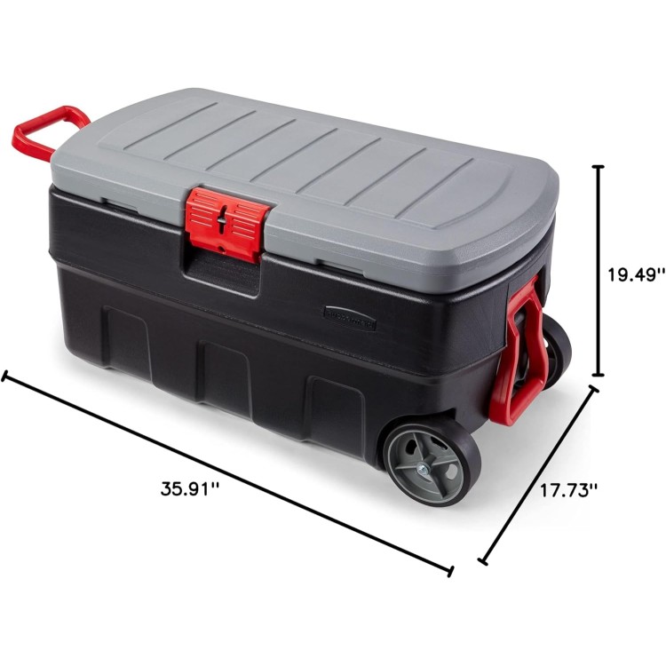 Rubbermaid ActionPacker 35 Gal Wheeled Lockable Storage Bin with Lid, Heavy-Duty Water Repellent Industrial Container with Built-In Durable Wheels, Great Tool Organizer, Truck Bed Storage, and More