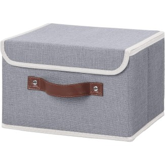 ANMINY Storage Bin with Lid Storage Boxes with PU Leather Handles PP Plastic Board Decorative Foldable Lidded Cotton Linen Fabric Home Cubes Baskets Closet Organizer Container - Gray, Small Size