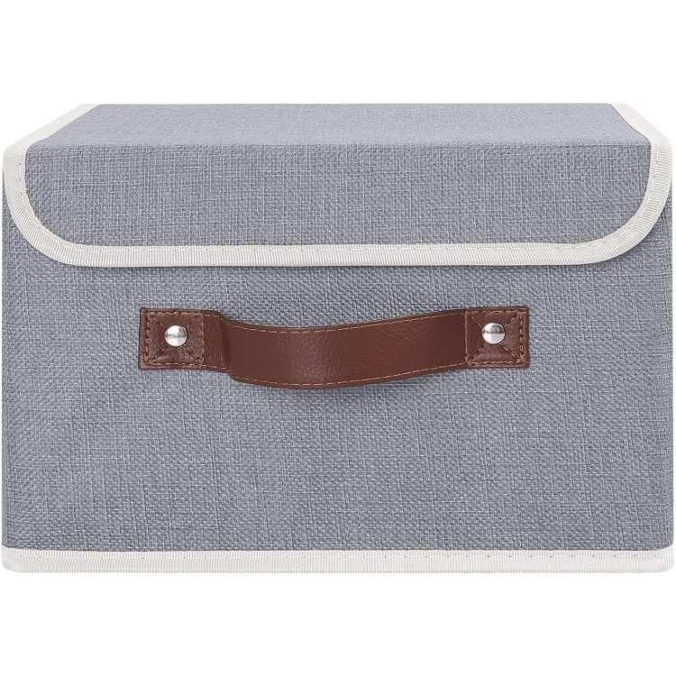 ANMINY Storage Bin with Lid Storage Boxes with PU Leather Handles PP Plastic Board Decorative Foldable Lidded Cotton Linen Fabric Home Cubes Baskets Closet Organizer Container - Gray, Small Size