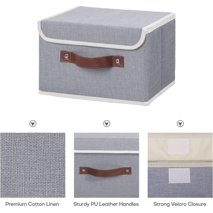 ANMINY Storage Bin with Lid Storage Boxes with PU Leather Handles PP Plastic Board Decorative Foldable Lidded Cotton Linen Fabric Home Cubes Baskets Closet Organizer Container - Gray, Small Size