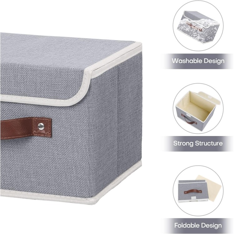 ANMINY Storage Bin with Lid Storage Boxes with PU Leather Handles PP Plastic Board Decorative Foldable Lidded Cotton Linen Fabric Home Cubes Baskets Closet Organizer Container - Gray, Small Size