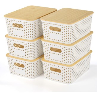 Plastic Storage Baskets With Bamboo Lid - Plastic Storage Containers Stackable Storage bins: Storage Baskets for Organizing Shelves Drawers Desktop Closet Playroom Classroom Office, 6 Pack