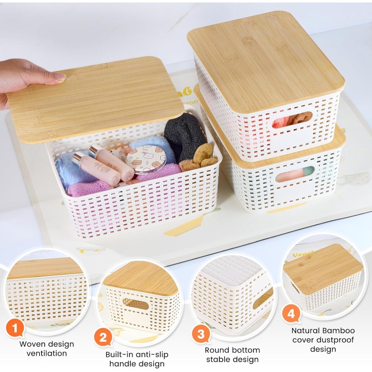 Plastic Storage Baskets With Bamboo Lid - Plastic Storage Containers Stackable Storage bins: Storage Baskets for Organizing Shelves Drawers Desktop Closet Playroom Classroom Office, 6 Pack