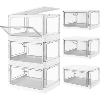 3-Pack Clear Stackable Storage Bins with Lids Magnetic Doors Open Front Foldable Folding Plastic Craft Containers Large Closet Organizers Box for Bedrooms Living Rooms Study Kids' Toys 24 QT