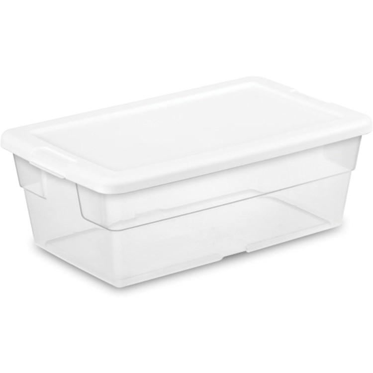 Sterilite 6 Qt Storage Box, Stackable Bin with Lid, Plastic Container to Organize Shoes and Crafts on Closet Shelves, Clear with White Lid, (Pack of 12).