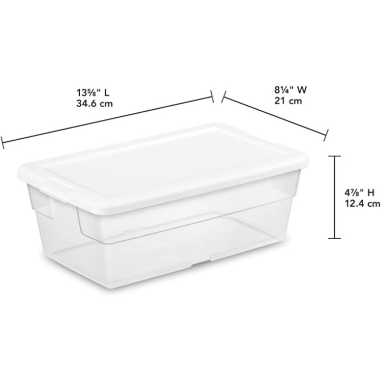 Sterilite 6 Qt Storage Box, Stackable Bin with Lid, Plastic Container to Organize Shoes and Crafts on Closet Shelves, Clear with White Lid, (Pack of 12).