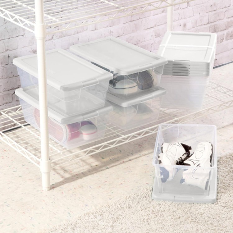 Sterilite 6 Qt Storage Box, Stackable Bin with Lid, Plastic Container to Organize Shoes and Crafts on Closet Shelves, Clear with White Lid, (Pack of 12).