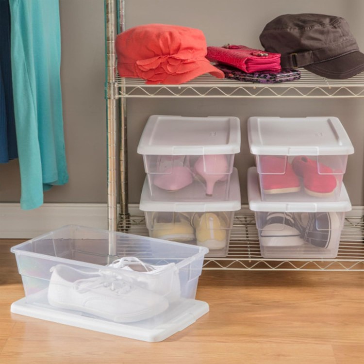 Sterilite 6 Qt Storage Box, Stackable Bin with Lid, Plastic Container to Organize Shoes and Crafts on Closet Shelves, Clear with White Lid, (Pack of 12).