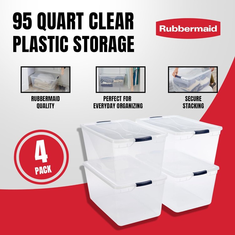 Rubbermaid Cleverstore Clear 95 Qt, 4-Pack, Made in USA, Stackable Large Clear Storage Bins with Lids, See-Through Plastic Storage, with Latching Lids, BPA-Free