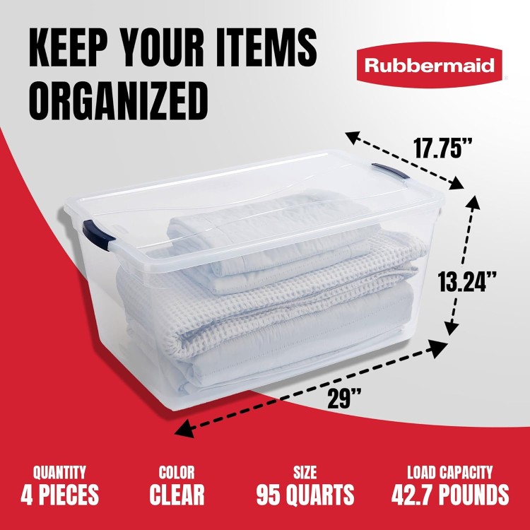 Rubbermaid Cleverstore Clear 95 Qt, 4-Pack, Made in USA, Stackable Large Clear Storage Bins with Lids, See-Through Plastic Storage, with Latching Lids, BPA-Free