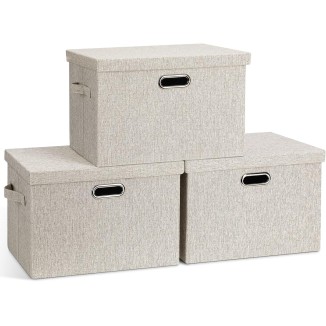 Large 17 36 Quart Collapsible Stackable Storage Bins with Lids, 3 Packs Beige Linen Fabric Closet Boxes with Lids, Storage Cube Baskets Container Organizers for Bedroom Office(17 x12 x11)