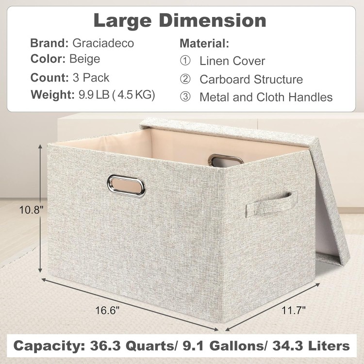 Large 17 36 Quart Collapsible Stackable Storage Bins with Lids, 3 Packs Beige Linen Fabric Closet Boxes with Lids, Storage Cube Baskets Container Organizers for Bedroom Office(17 x12 x11)