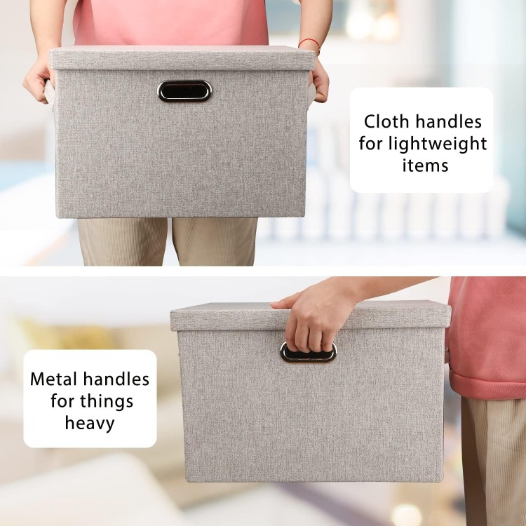 Large 17 36 Quart Collapsible Stackable Storage Bins with Lids, 3 Packs Beige Linen Fabric Closet Boxes with Lids, Storage Cube Baskets Container Organizers for Bedroom Office(17 x12 x11)