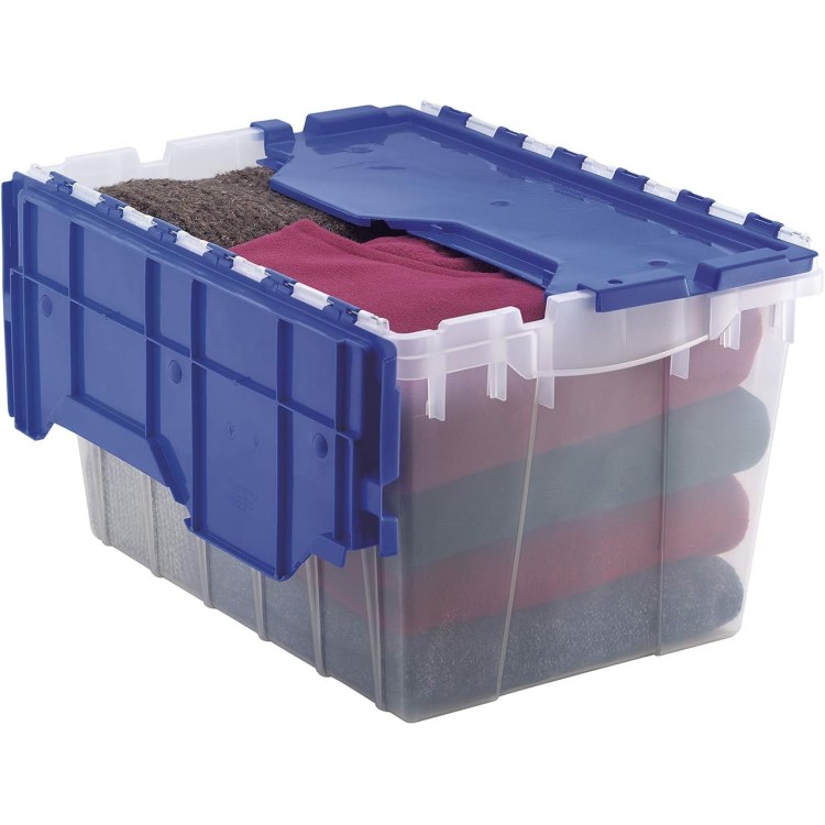 Akro-Mils 66486 12-Gallon Plastic Stackable Storage KeepBox: Tote Container with Attached Hinged Lid, 21-1/2-Inch x 15-Inch x 12-1/2-Inch, Clear/Blue