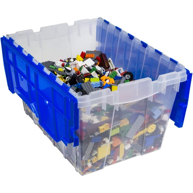 Akro-Mils 66486 12-Gallon Plastic Stackable Storage KeepBox: Tote Container with Attached Hinged Lid, 21-1/2-Inch x 15-Inch x 12-1/2-Inch, Clear/Blue