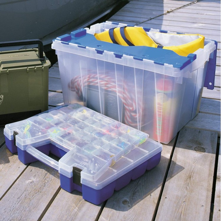 Akro-Mils 66486 12-Gallon Plastic Stackable Storage KeepBox: Tote Container with Attached Hinged Lid, 21-1/2-Inch x 15-Inch x 12-1/2-Inch, Clear/Blue