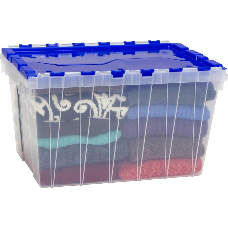 Akro-Mils 66486 12-Gallon Plastic Stackable Storage KeepBox: Tote Container with Attached Hinged Lid, 21-1/2-Inch x 15-Inch x 12-1/2-Inch, Clear/Blue