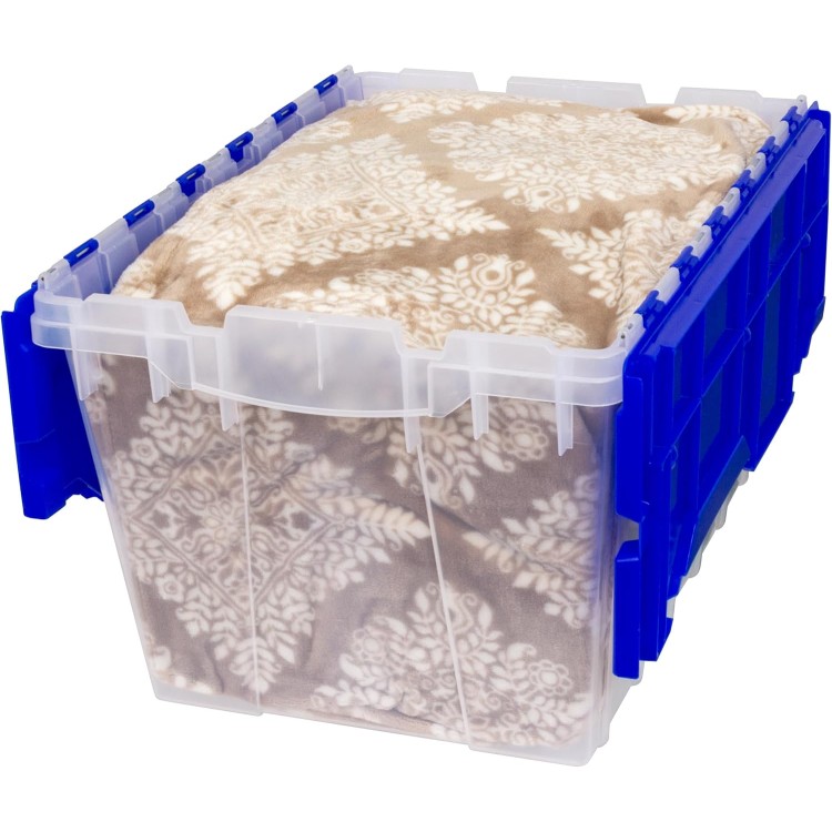 Akro-Mils 66486 12-Gallon Plastic Stackable Storage KeepBox: Tote Container with Attached Hinged Lid, 21-1/2-Inch x 15-Inch x 12-1/2-Inch, Clear/Blue