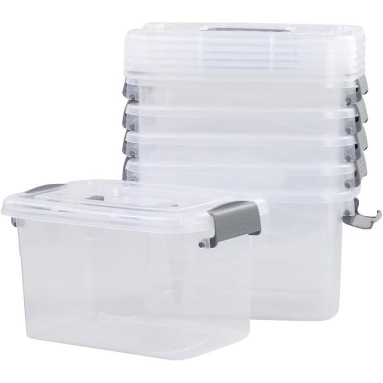 6-Pack Home Storage Bins, Plastic Container, Latching Box with Handle (Grey handle)