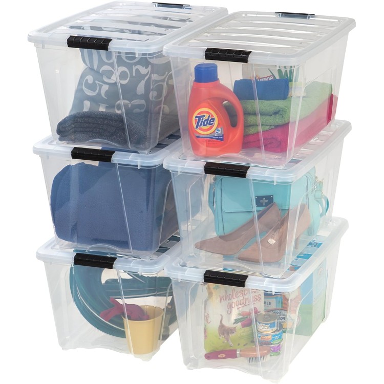 IRIS USA 54 Qt Stackable Plastic Storage Bins with Lids, 6 Pack - BPA-Free, Made in USA - See-Through Organizing Solution, Latches, Durable Nestable Containers, Secure Pull Handle - Clear