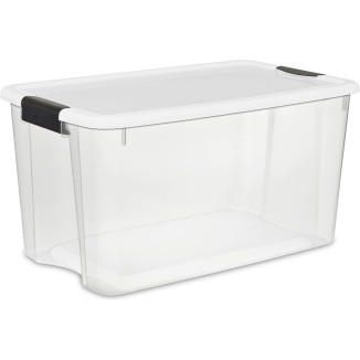 Sterilite 70 Qt Ultra Latch Box, Stackable Storage Bin with Lid, Plastic Container with Heavy Duty Latches To Organize, Clear and White Lid, 4-Pack