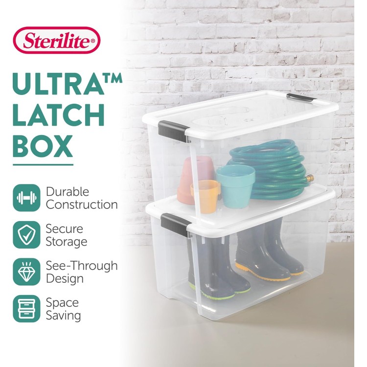 Sterilite 70 Qt Ultra Latch Box, Stackable Storage Bin with Lid, Plastic Container with Heavy Duty Latches To Organize, Clear and White Lid, 4-Pack