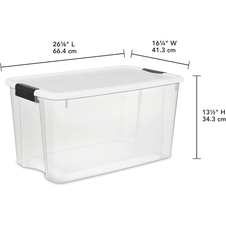 Sterilite 70 Qt Ultra Latch Box, Stackable Storage Bin with Lid, Plastic Container with Heavy Duty Latches To Organize, Clear and White Lid, 4-Pack