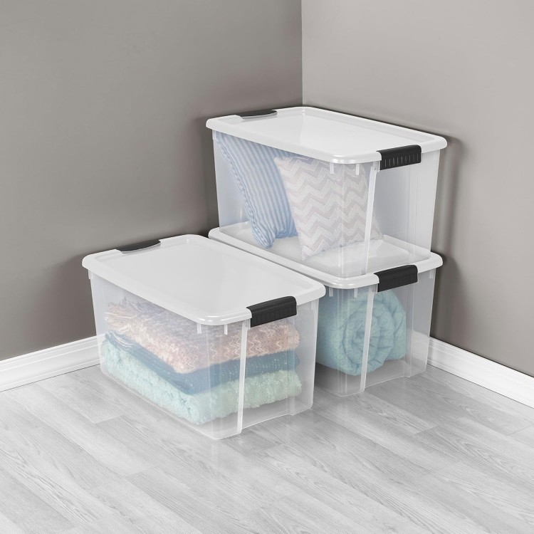 Sterilite 70 Qt Ultra Latch Box, Stackable Storage Bin with Lid, Plastic Container with Heavy Duty Latches To Organize, Clear and White Lid, 4-Pack