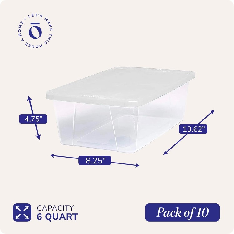 HOMZ 6 Quart Plastic Multipurpose Stackable Storage Container Bins with Secure Latching Lid for Home and Office Organization, Clear