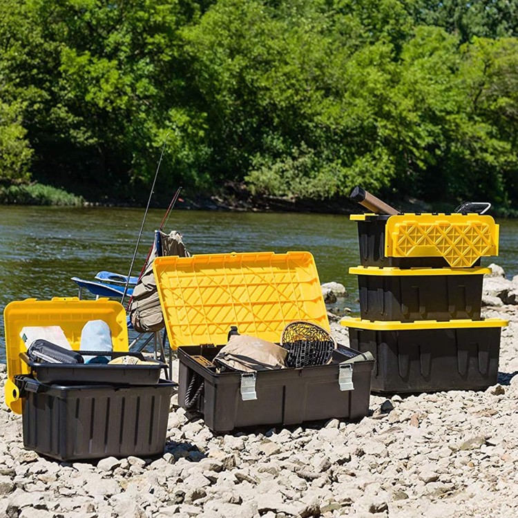 HOMZ Durabilt 27-Gallon Storage Tote with Flip Lid, Heavy Duty Storage Bin with Snap-on Lid, Black and Yellow, 2 Pack