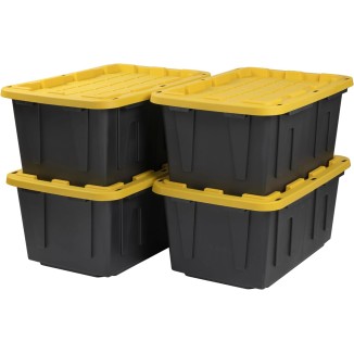 CX BLACK & YELLOW, 27-Gallon Heavy Duty Tough Storage Container & Snap-Tight Lid, (14.3”H x 20.6”W x 30.6”D), Weather-Resistant Design and Stackable Organization Tote [4 Pack]