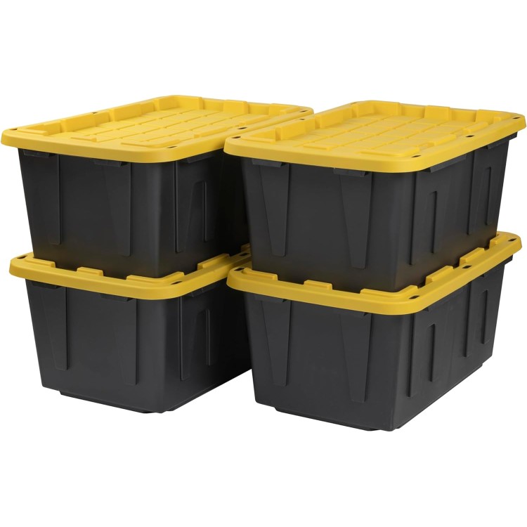 CX BLACK & YELLOW, 27-Gallon Heavy Duty Tough Storage Container & Snap-Tight Lid, (14.3”H x 20.6”W x 30.6”D), Weather-Resistant Design and Stackable Organization Tote [4 Pack]