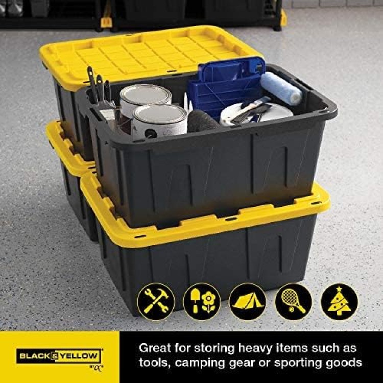 CX BLACK & YELLOW, 27-Gallon Heavy Duty Tough Storage Container & Snap-Tight Lid, (14.3”H x 20.6”W x 30.6”D), Weather-Resistant Design and Stackable Organization Tote [4 Pack]