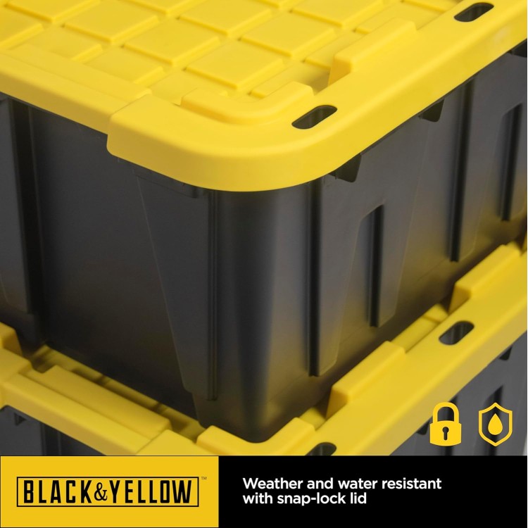 CX BLACK & YELLOW, 27-Gallon Heavy Duty Tough Storage Container & Snap-Tight Lid, (14.3”H x 20.6”W x 30.6”D), Weather-Resistant Design and Stackable Organization Tote [4 Pack]