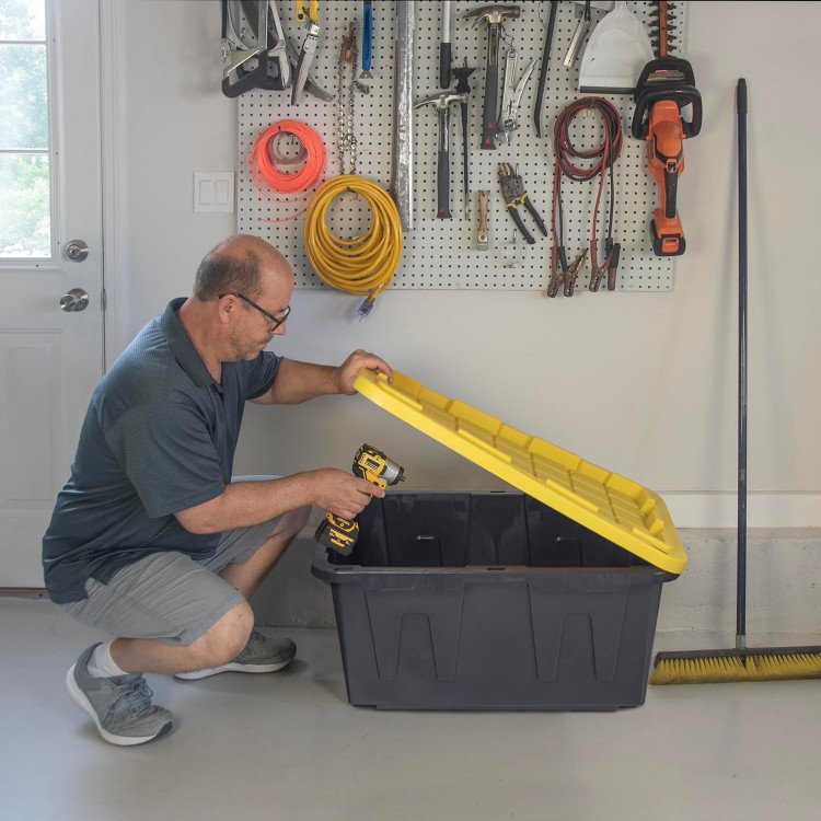 CX BLACK & YELLOW, 27-Gallon Heavy Duty Tough Storage Container & Snap-Tight Lid, (14.3”H x 20.6”W x 30.6”D), Weather-Resistant Design and Stackable Organization Tote [4 Pack]